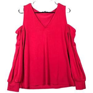 Express Womens Blouse Red V Neck Long Sleeve Cold Shoulder Stretch Medium